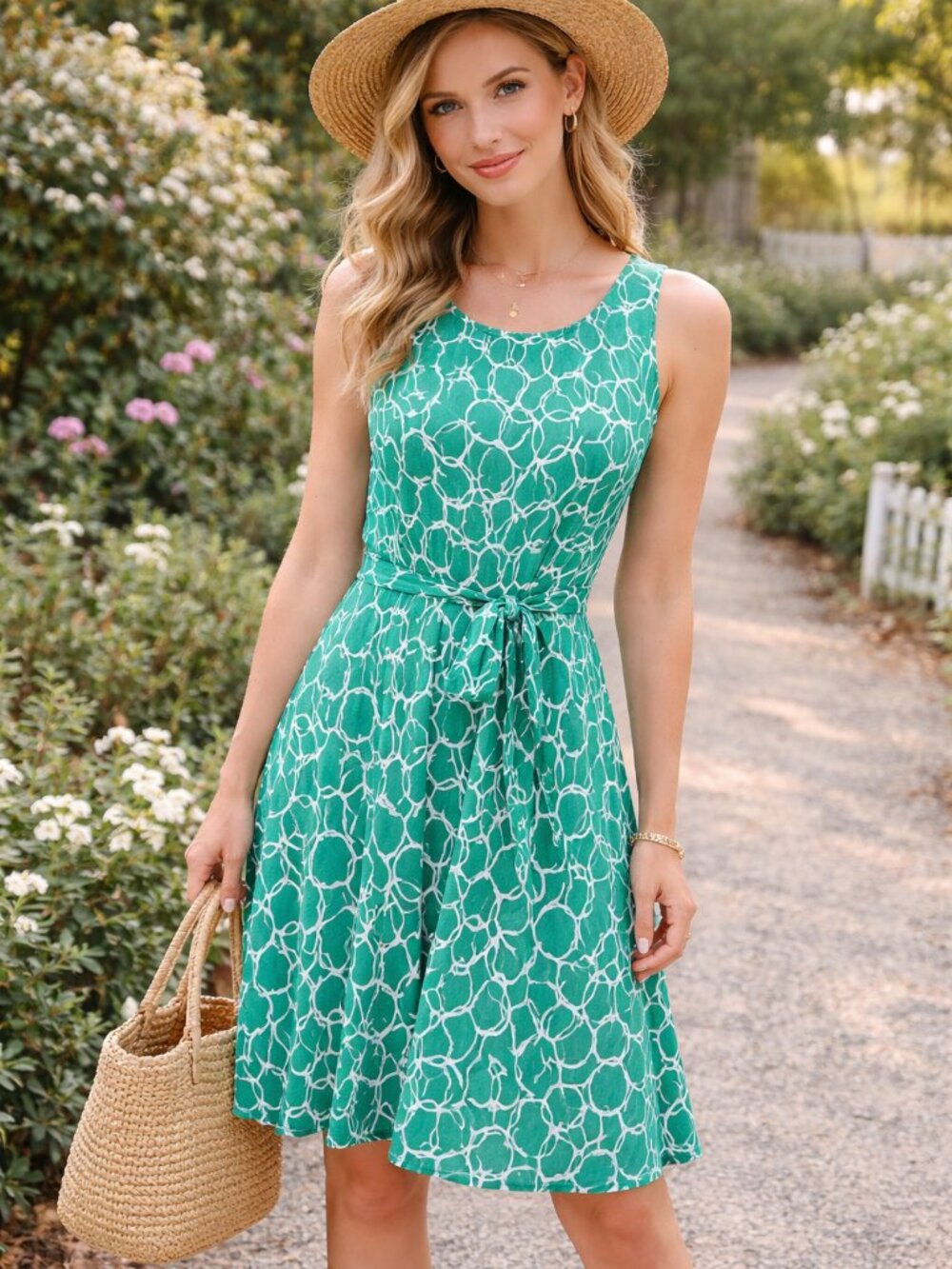 Banana Republic Green & White Sleeveless Tie-Waist Dress